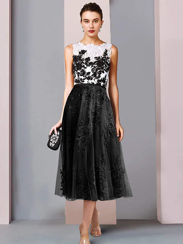 Wholesale Sheath / Column Mother of the Bride Dress Wedding Guest Vintage Party Scoop Neck Tea Length Lace Tulle Sleeveless with Bow(s) Pleats Color Block